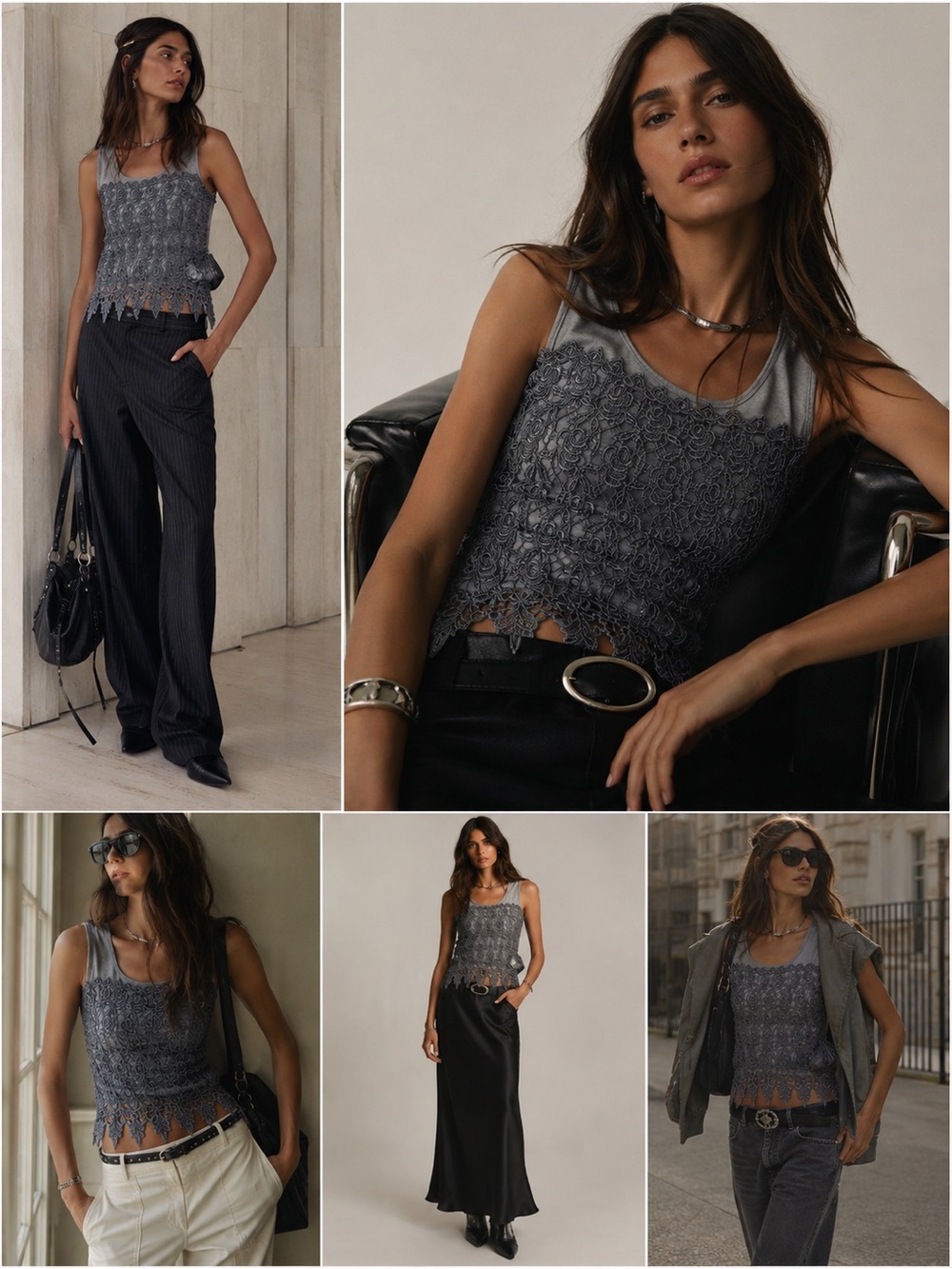 Y2K Silver Metallic Lace Overlay Tank Top‎ Chochet Hem